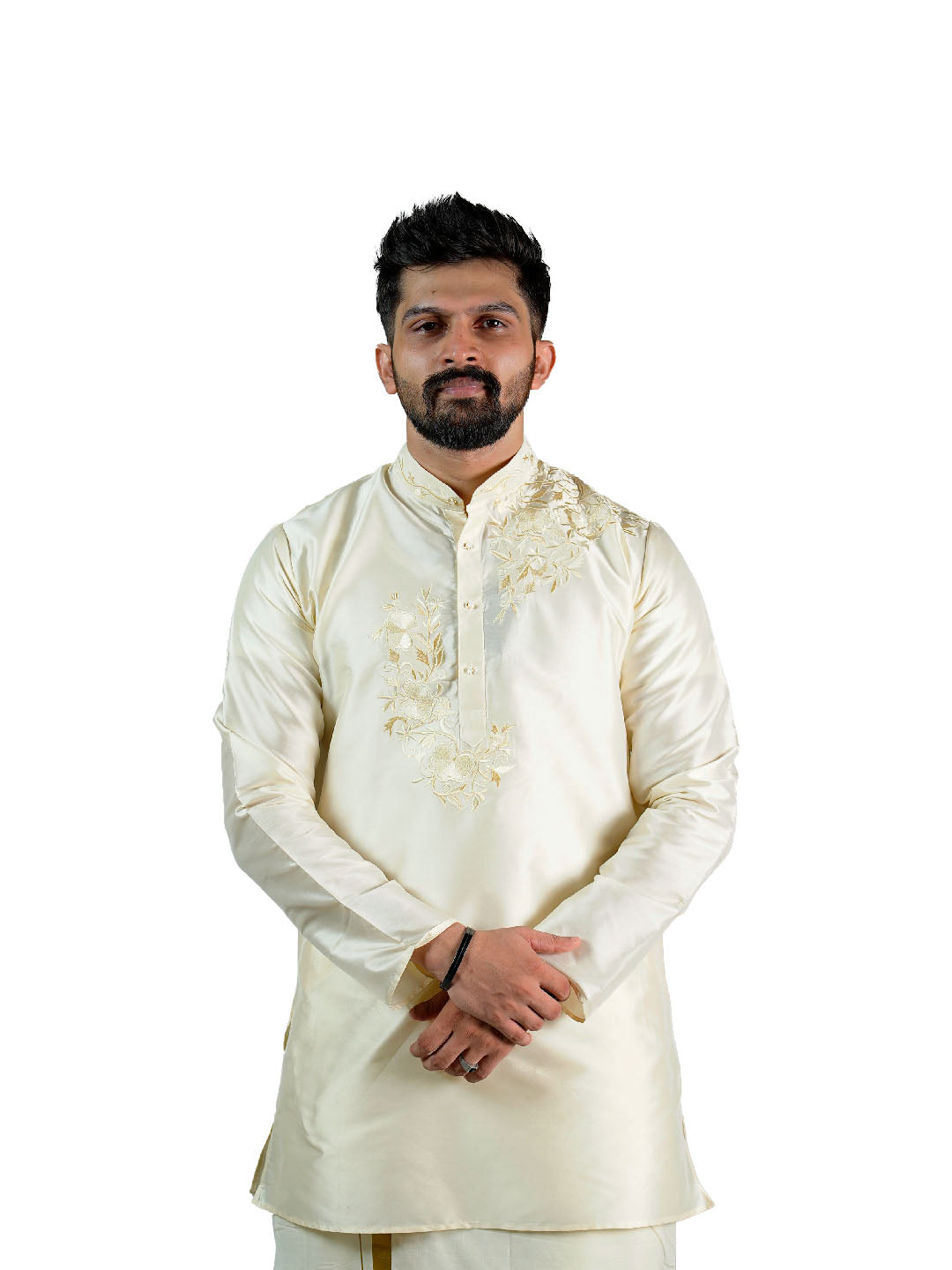 Cream Golden Leaf Embroidered Kurta for Groom