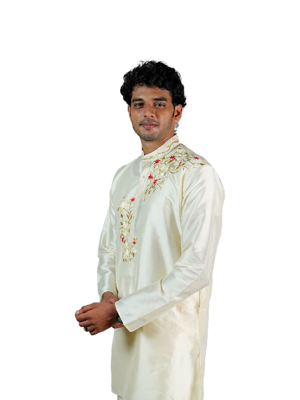 Ivory Bloom Embroidered Silk Kurta for Men