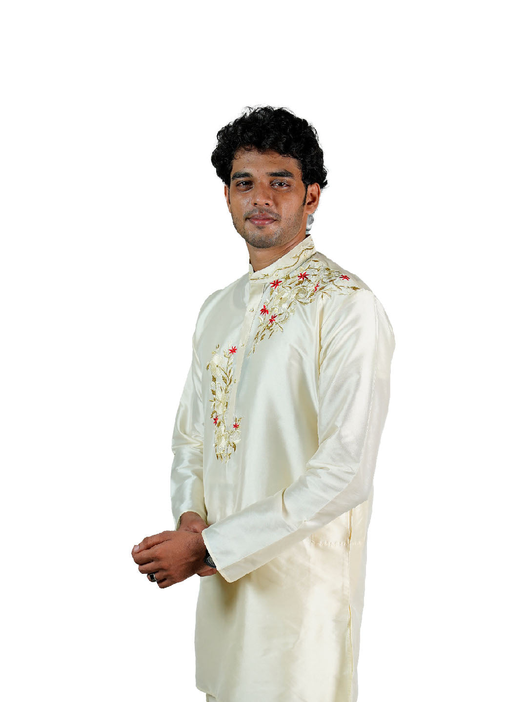 Ivory Bloom Embroidered Silk Kurta for Men