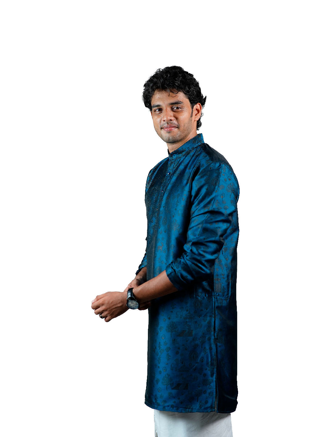 Steel Blue Scenic Narrative Jacquard Kurta for Men