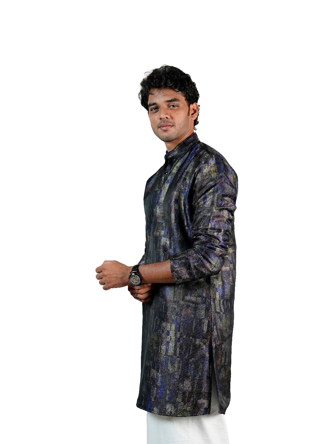 Navy Iridescent Abstract Jacquard Kurta for Men