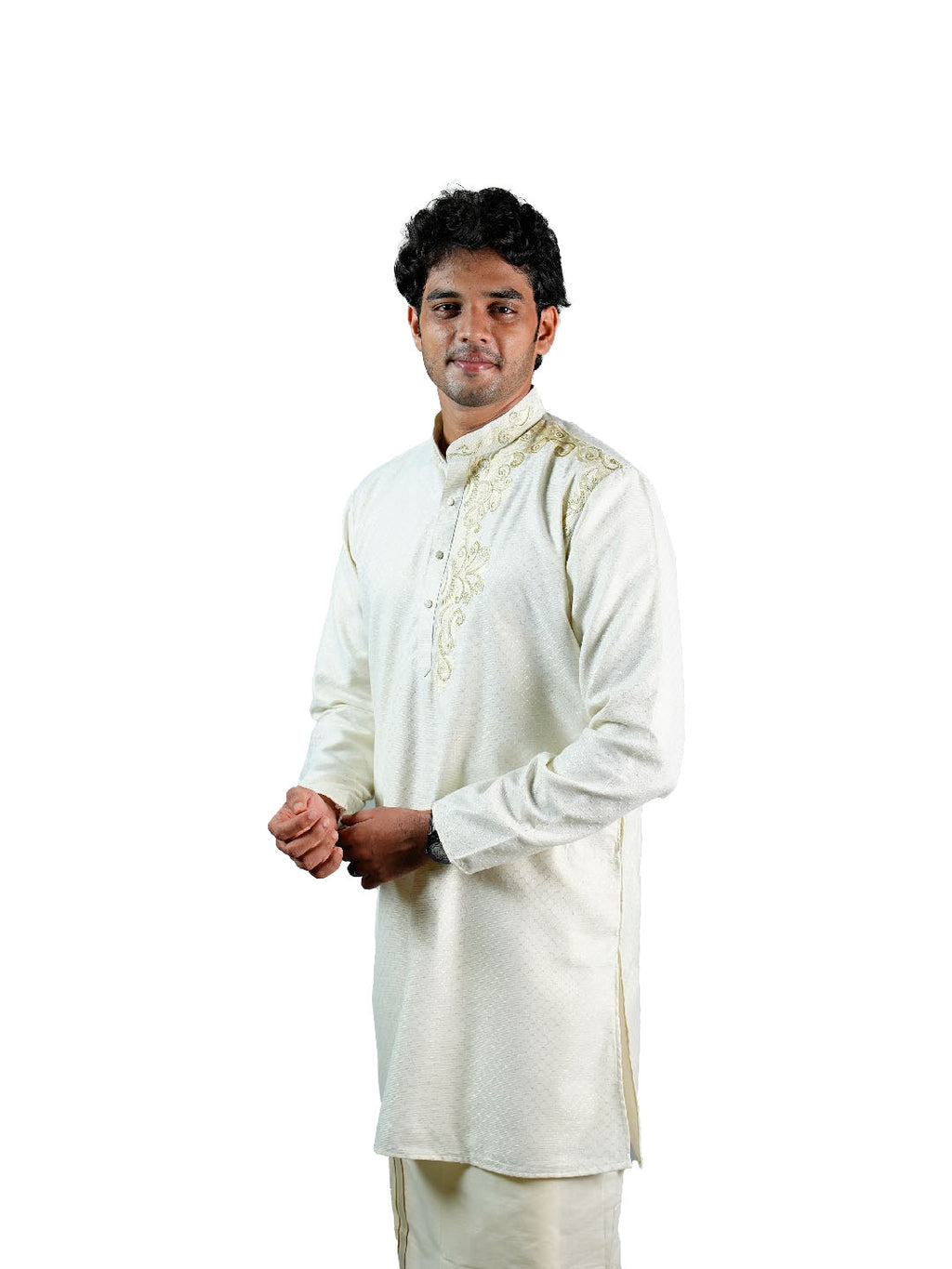 Cream Golden Zari Swirl Embroidered Kurta for Groom