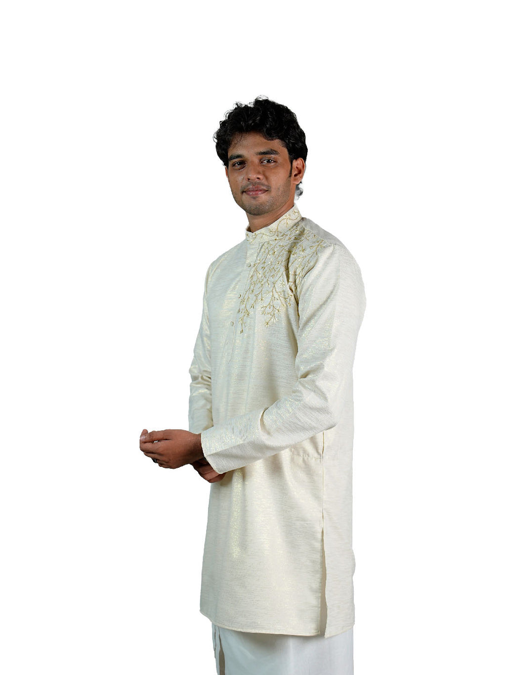 Cream Zari Jacquard Floral Vine Embroidered Kurta for Groom