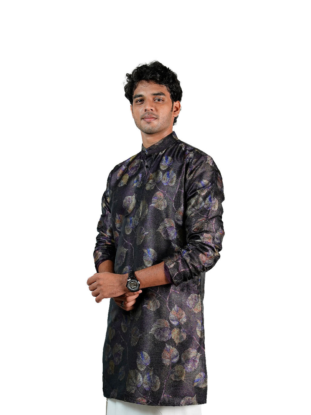 Charcoal Iridescent Leaf Jacquard Kurta for Men