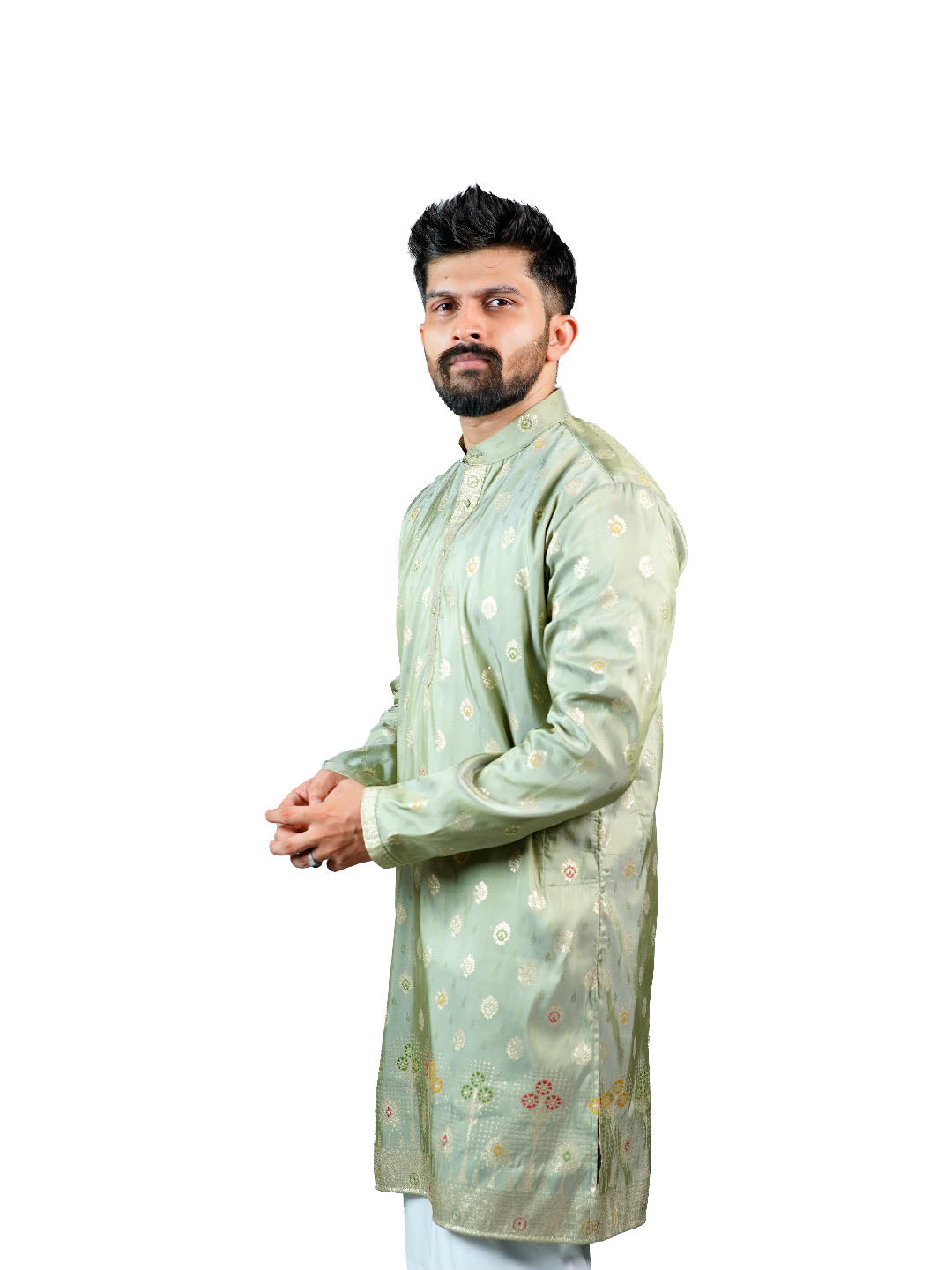Pista Green Buti Embroidered Jacquard Kurta for Men