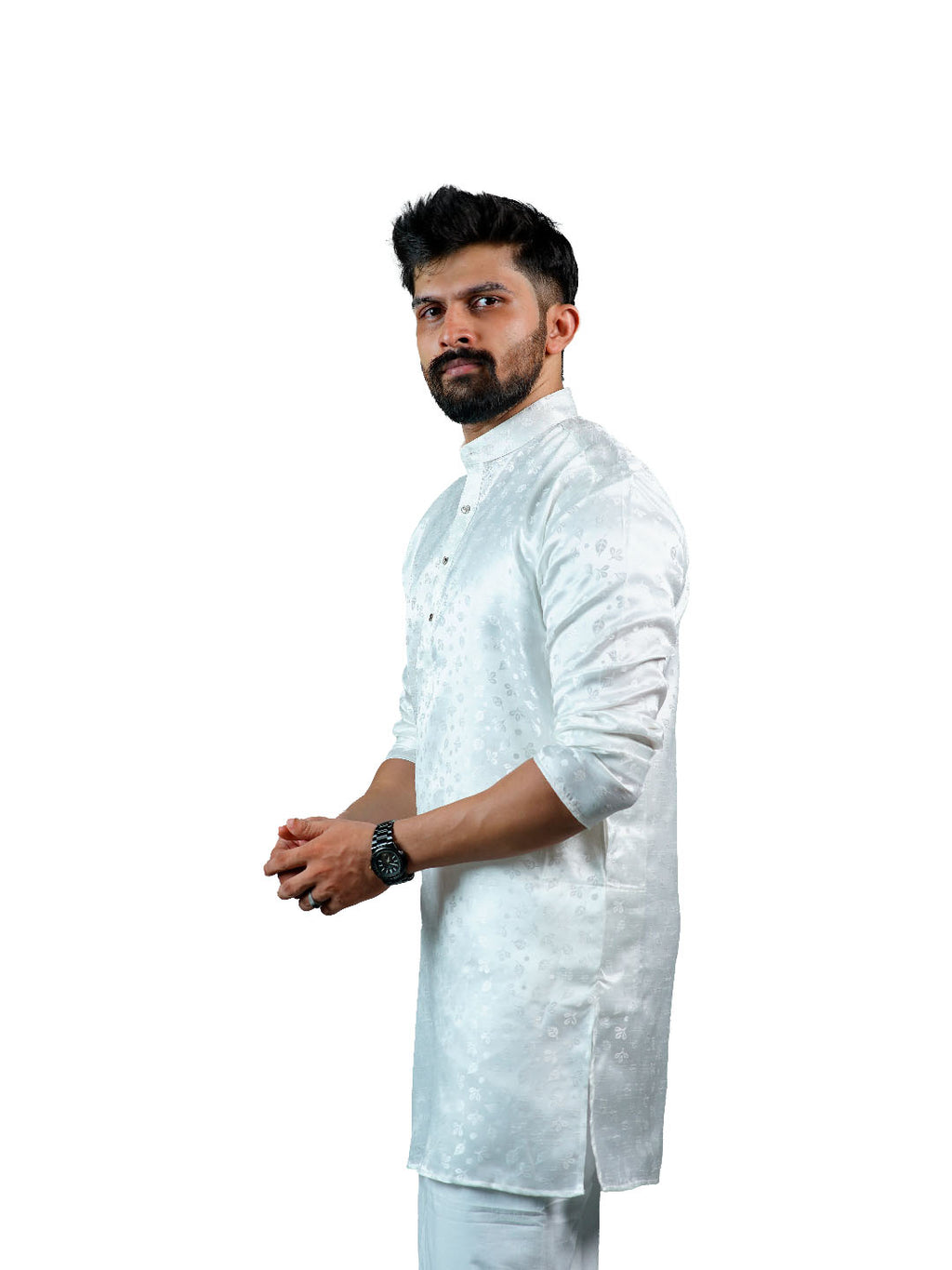 White Slim Fit Jacquard Floral Kurta for Men