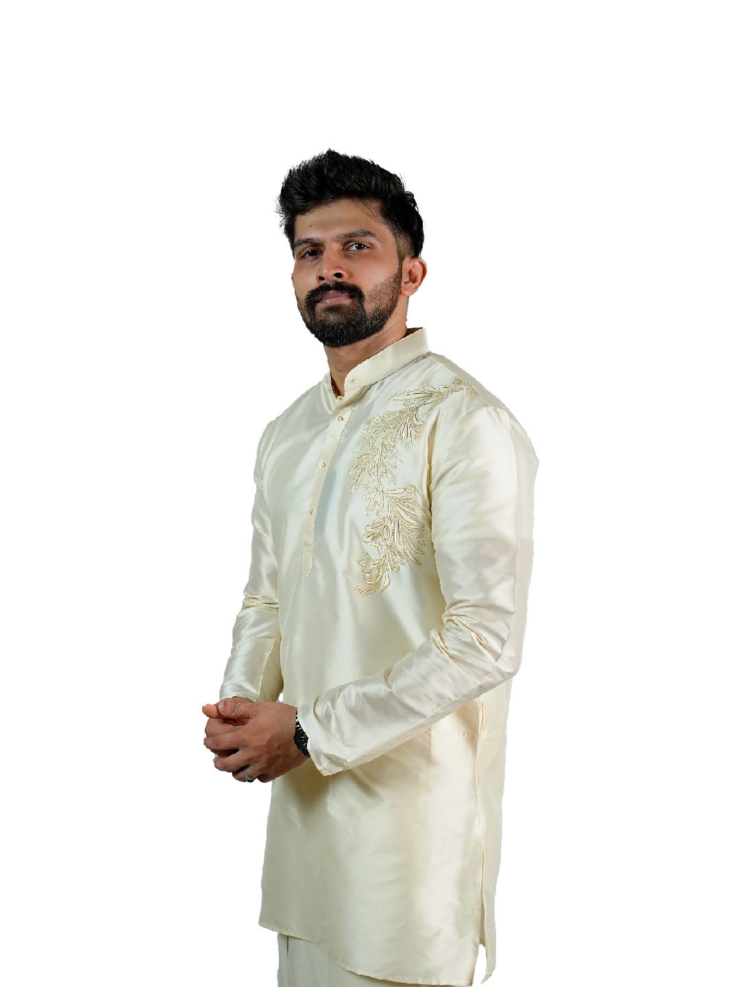 Cream Golden Zari Embroidered Kurta for Groom