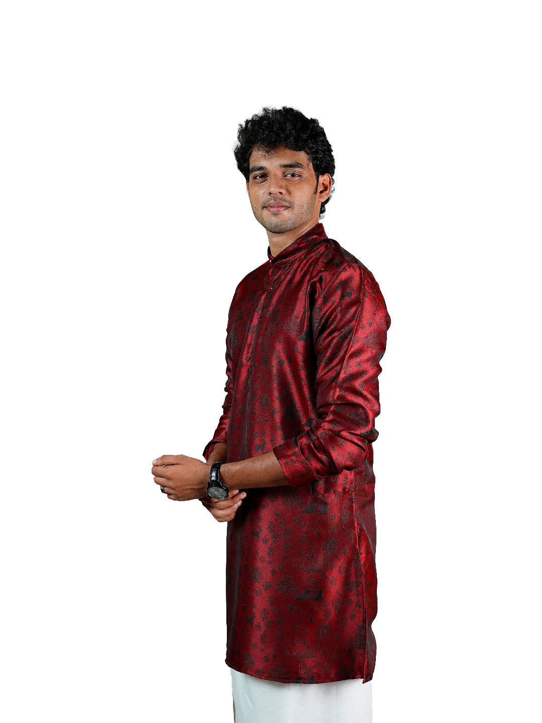 Maroon Scenic Narrative Jacquard Kurta for Men