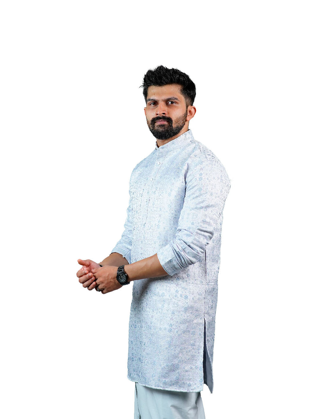 Ice Blue Floral Jacquard Kurta for Groom