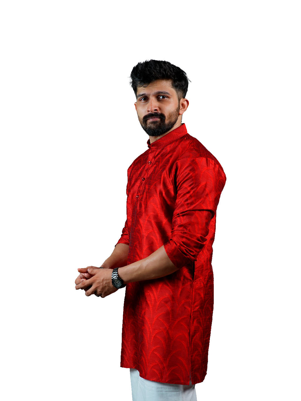 Deep Red Slim Fit Jacquard Swirl Kurta for Men