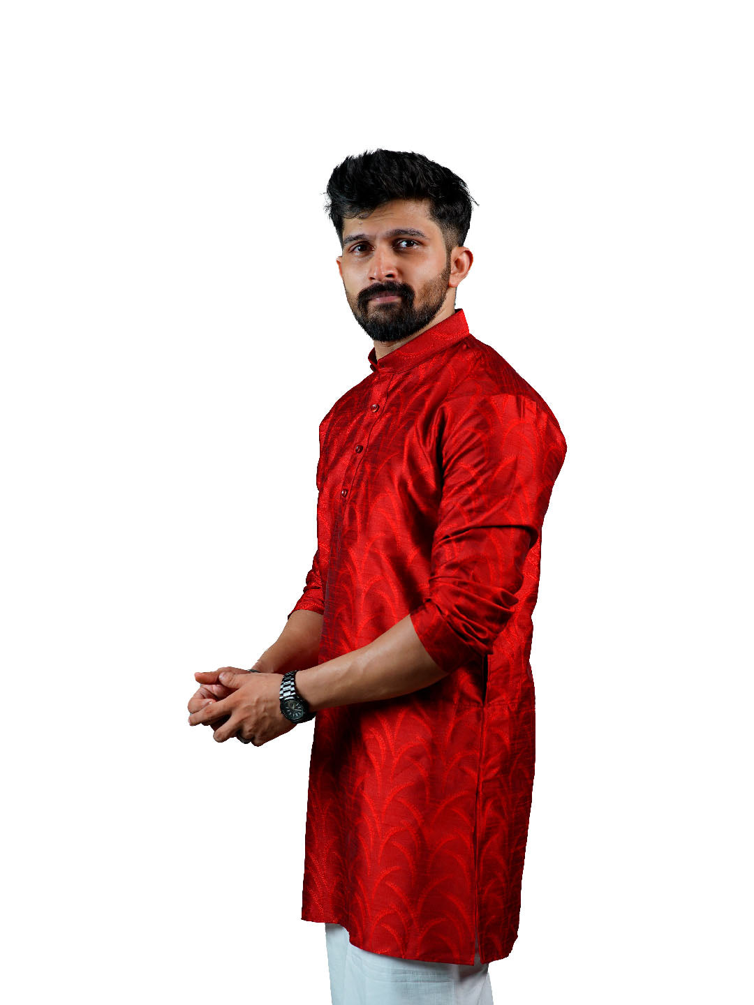 Deep Red Slim Fit Jacquard Swirl Kurta for Men