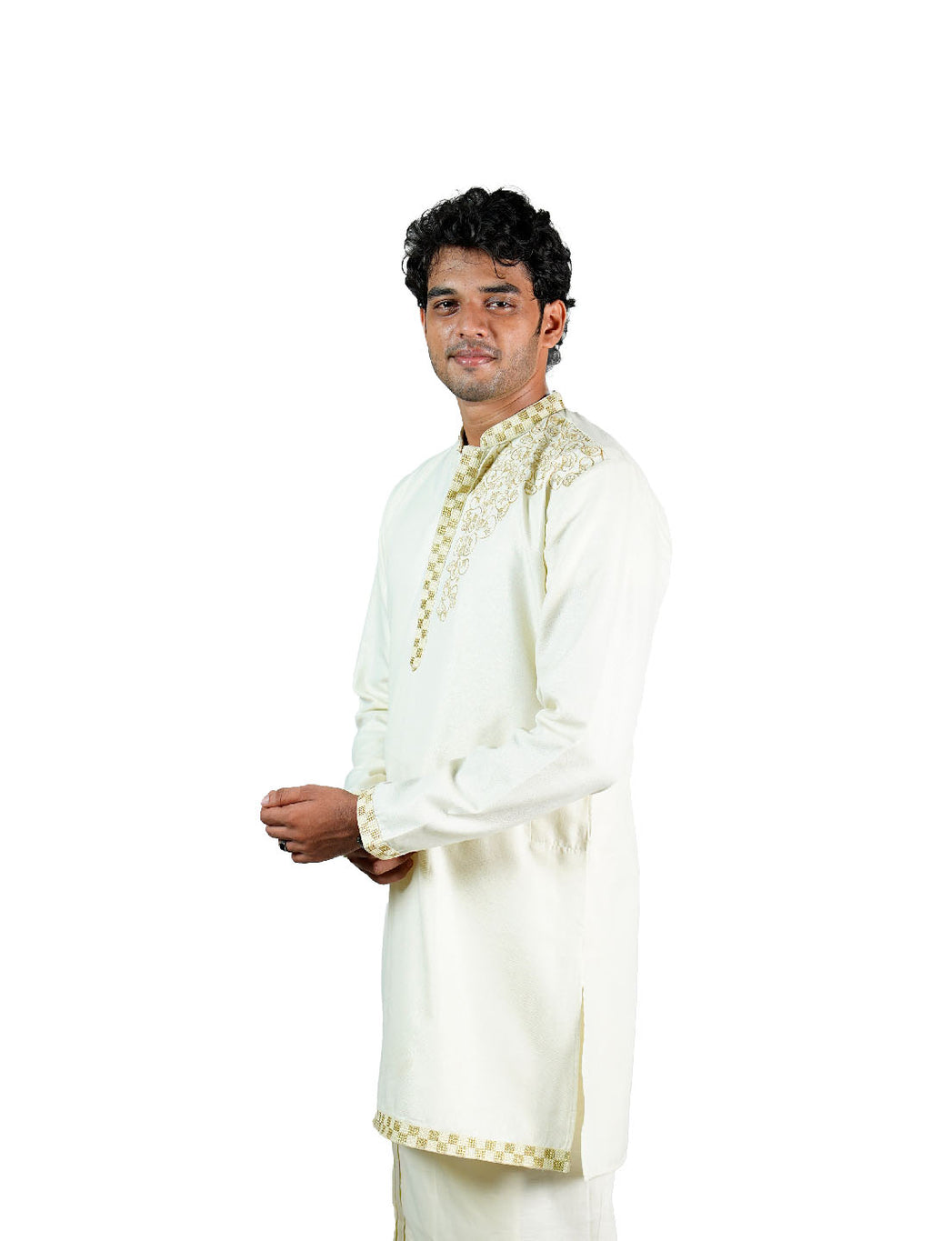 Cream Zari Embroidered Jacquard Kurta with Zari Collar Placket for Men