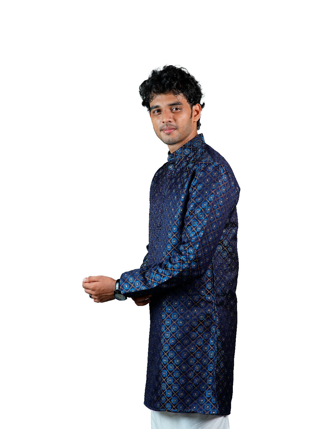 Navy Blue Star Lattice Jacquard Kurta for Men