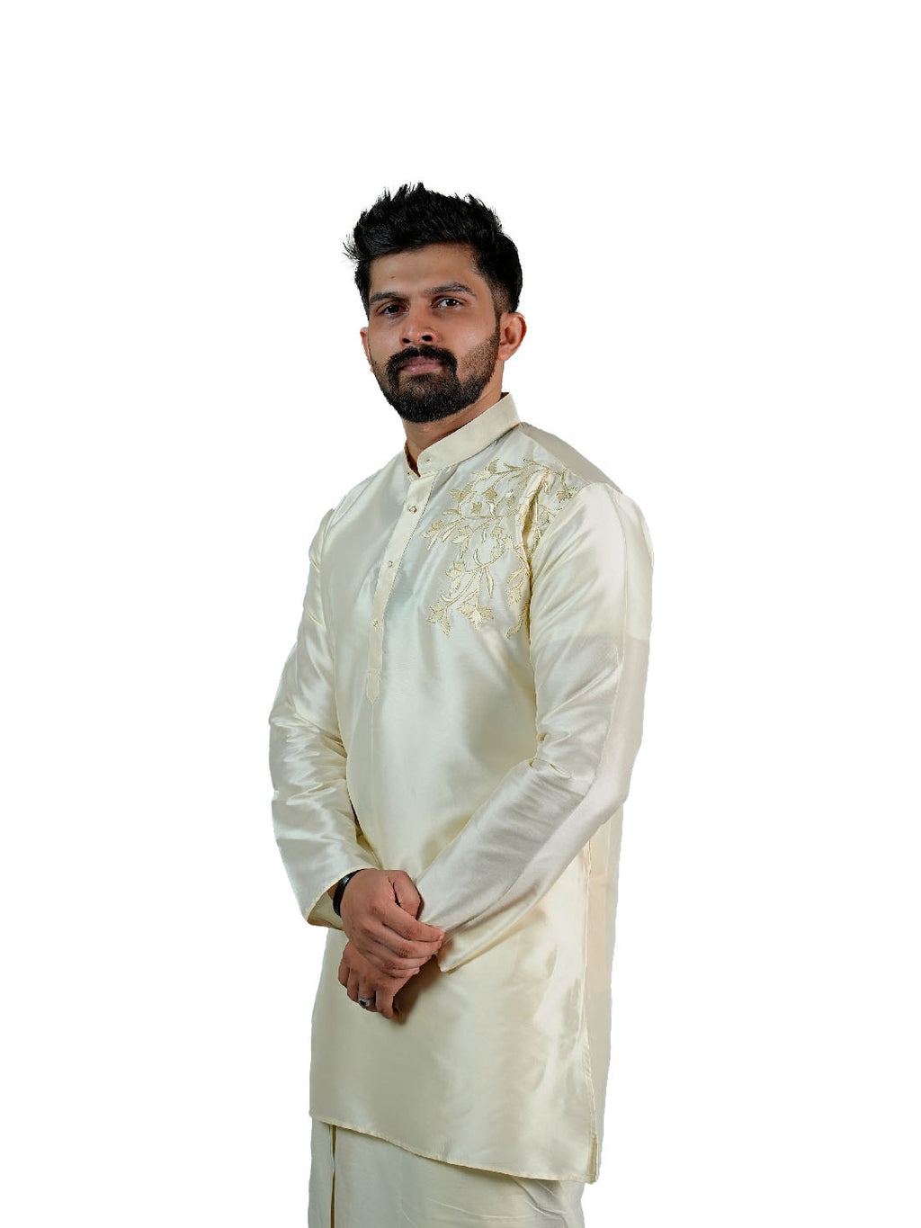Cream Golden Zari Floral Embroidered Kurta for Men