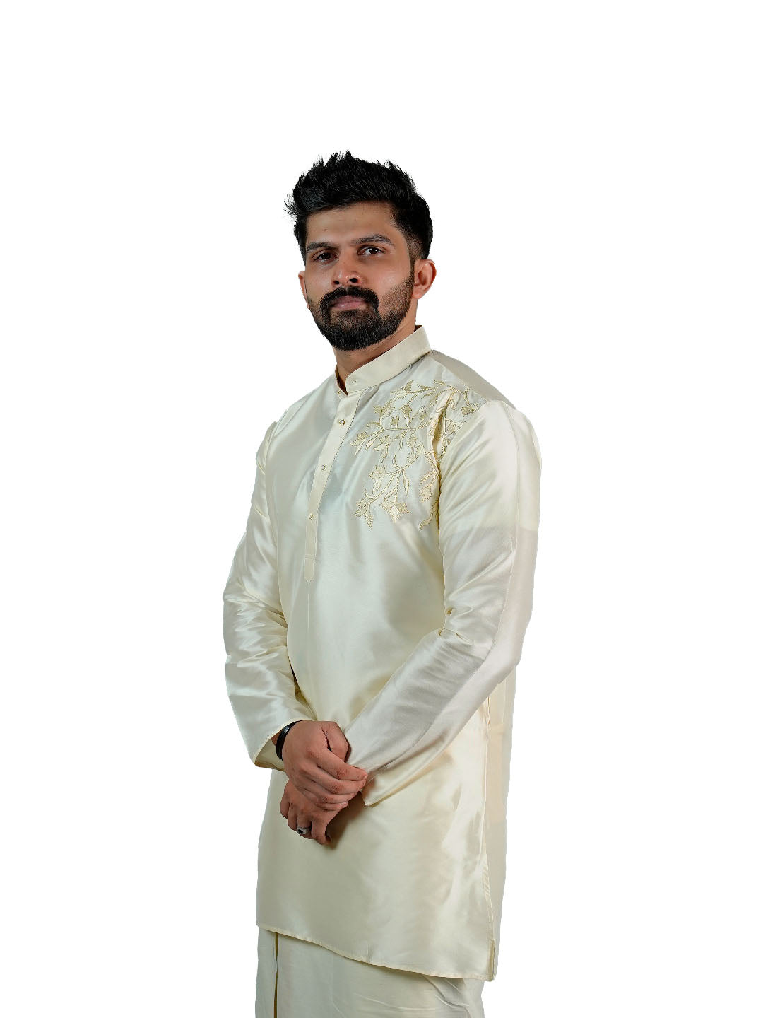 Cream Golden Zari Floral Embroidered Kurta for Men
