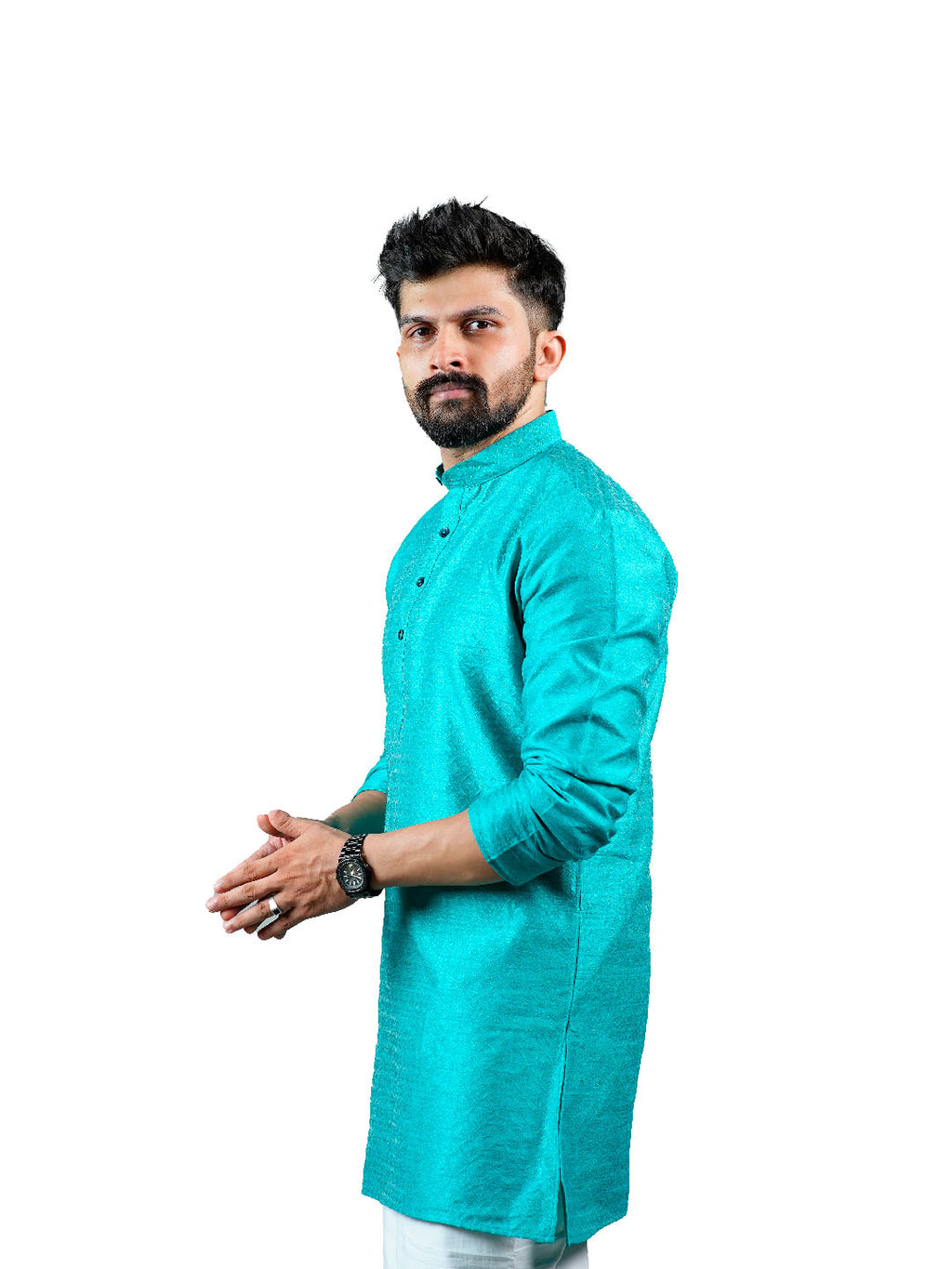Teal Slim Fit Jacquard Floral Kurta for Men