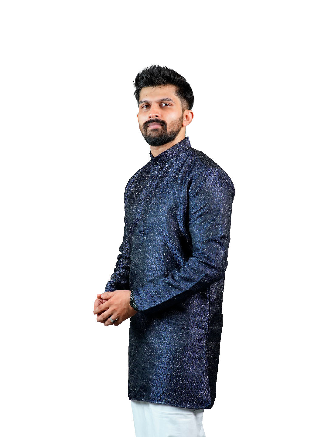 Dark Navy Slim Fit Jacquard Kurta for Men