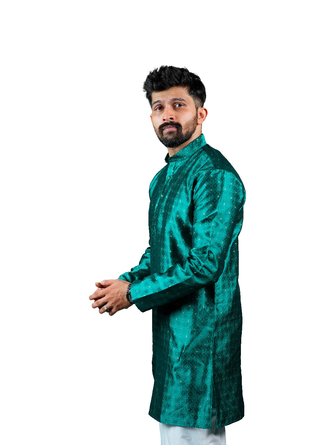 Teal Green Geometric Jacquard Kurta for Men