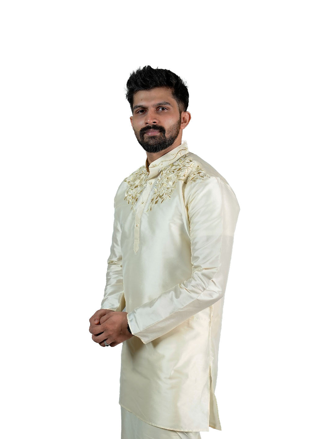 Off White Golden Floral Embroidered Kurta for Groom