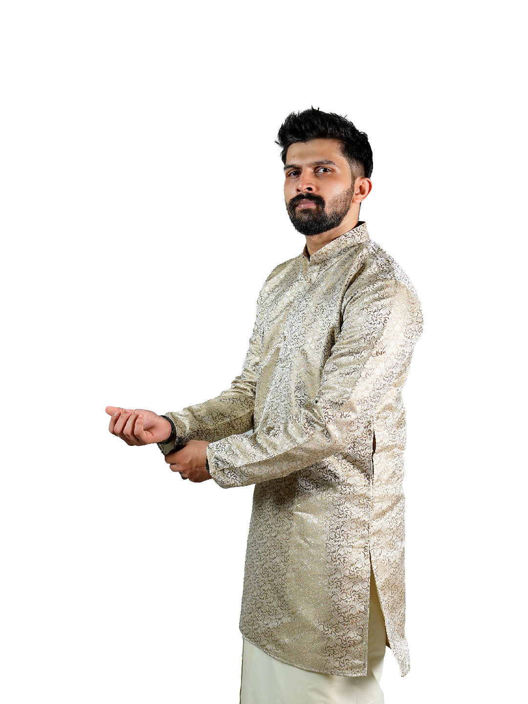 Golden Beige Floral Vine Jacquard Kurta for Groom