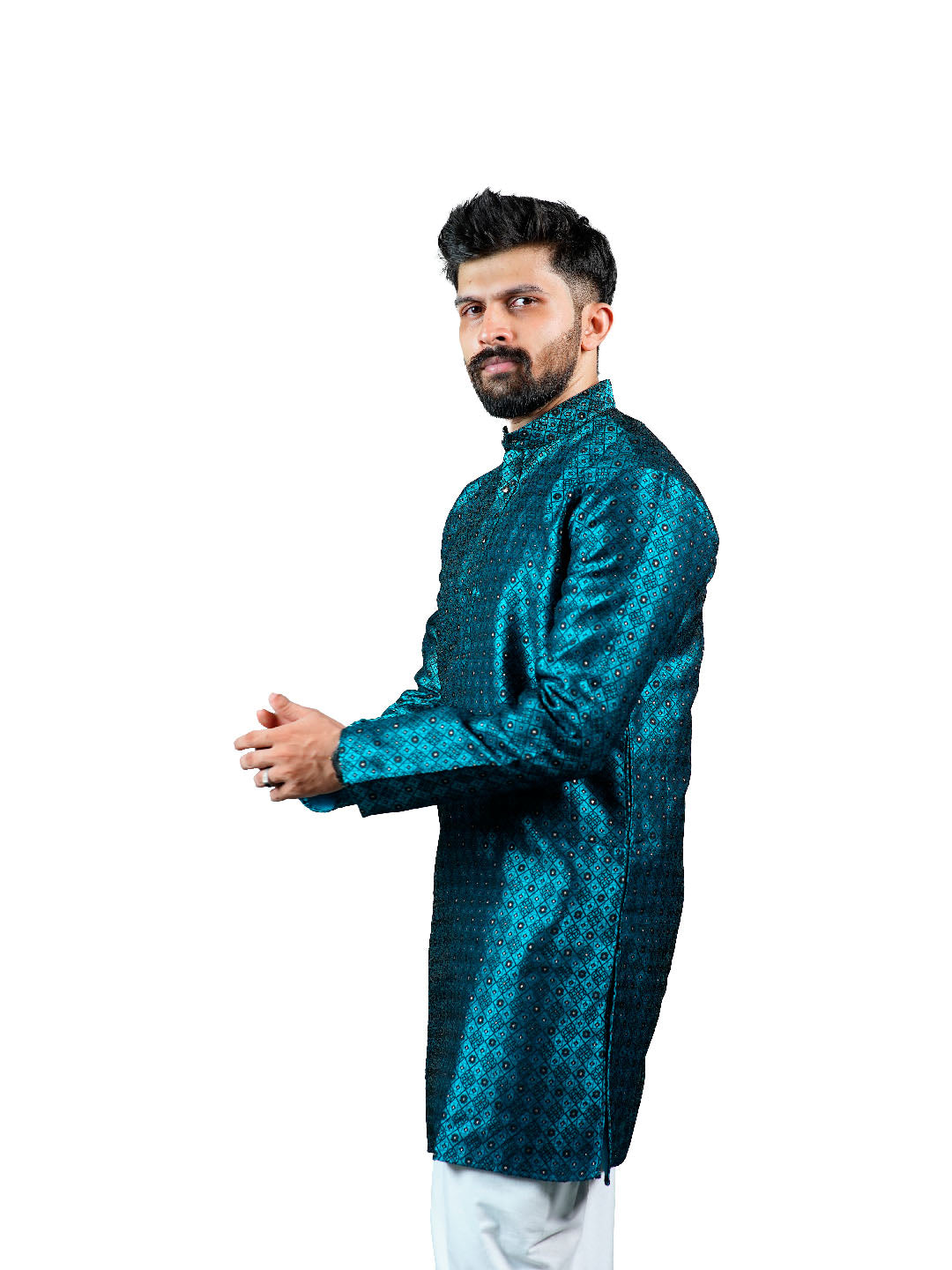 Teal Blue Diamond Grid Sequin Jacquard Kurta for Men