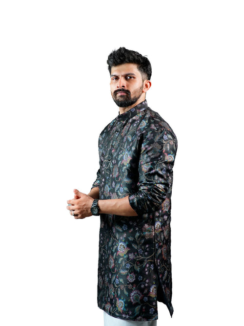 Black Floral Vine Jacquard Kurta for Men