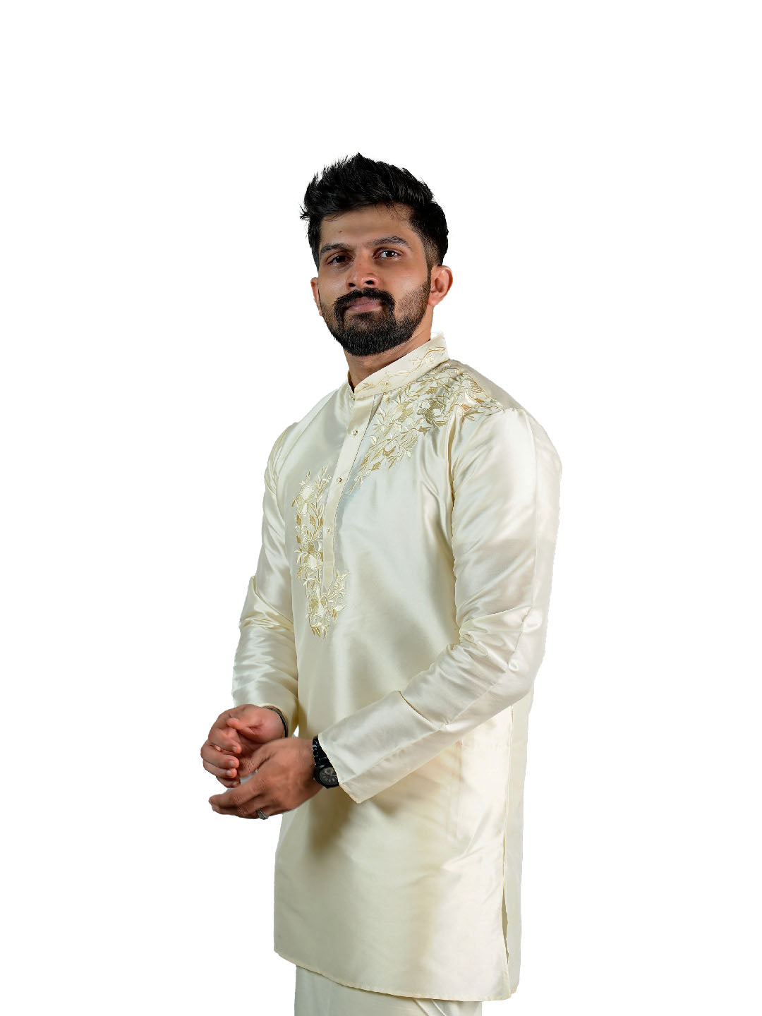 Cream Golden Leaf Embroidered Kurta for Groom