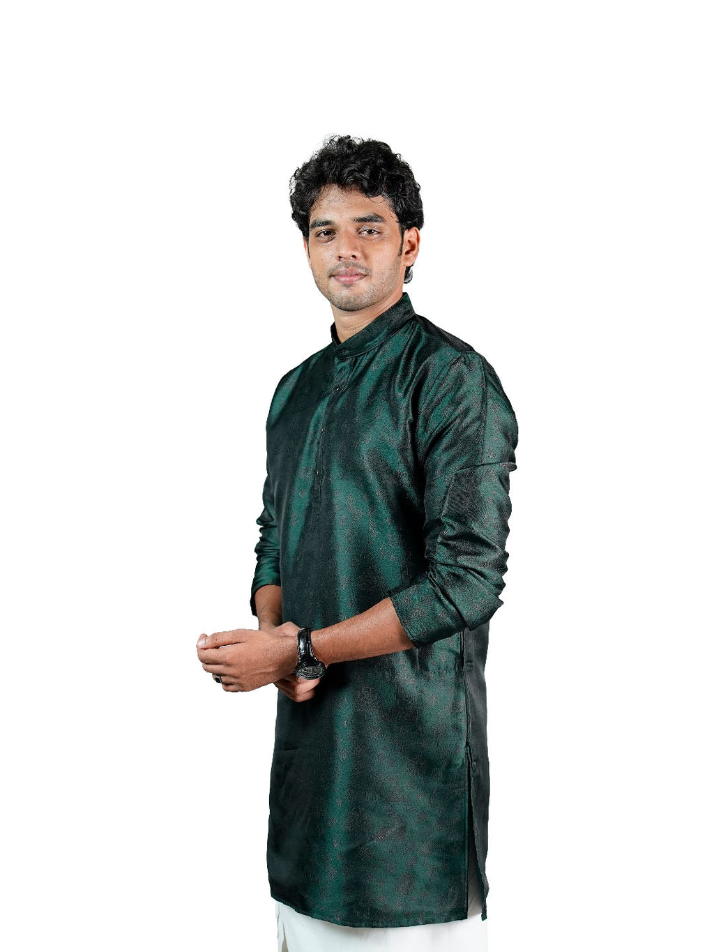 Emerald Green Tone-on-Tone Botanical Jacquard Kurta for Men