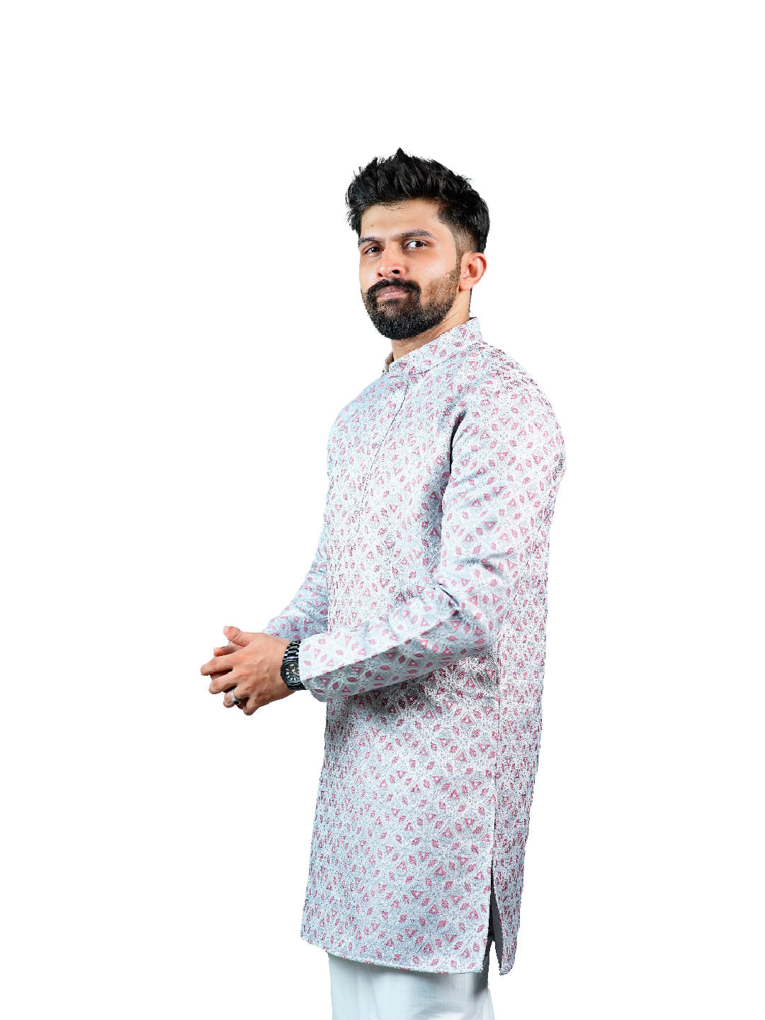 Silver Pink Triangle Jacquard Kurta for Men