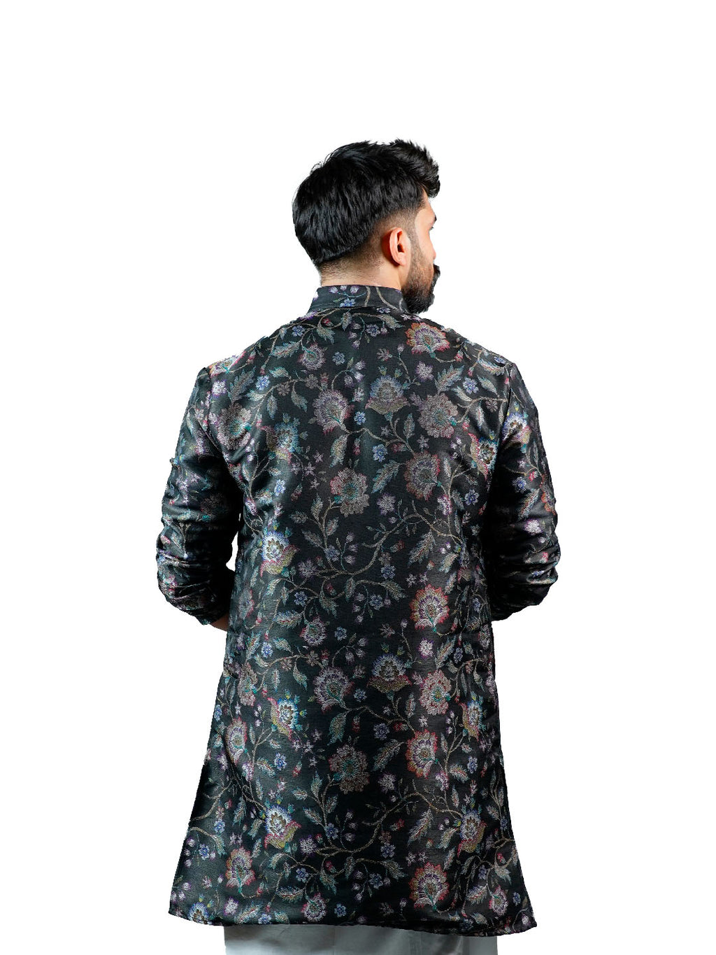 Black Floral Vine Jacquard Kurta for Men