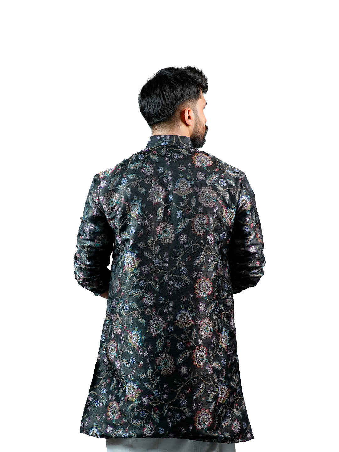 Black Floral Vine Jacquard Kurta for Men