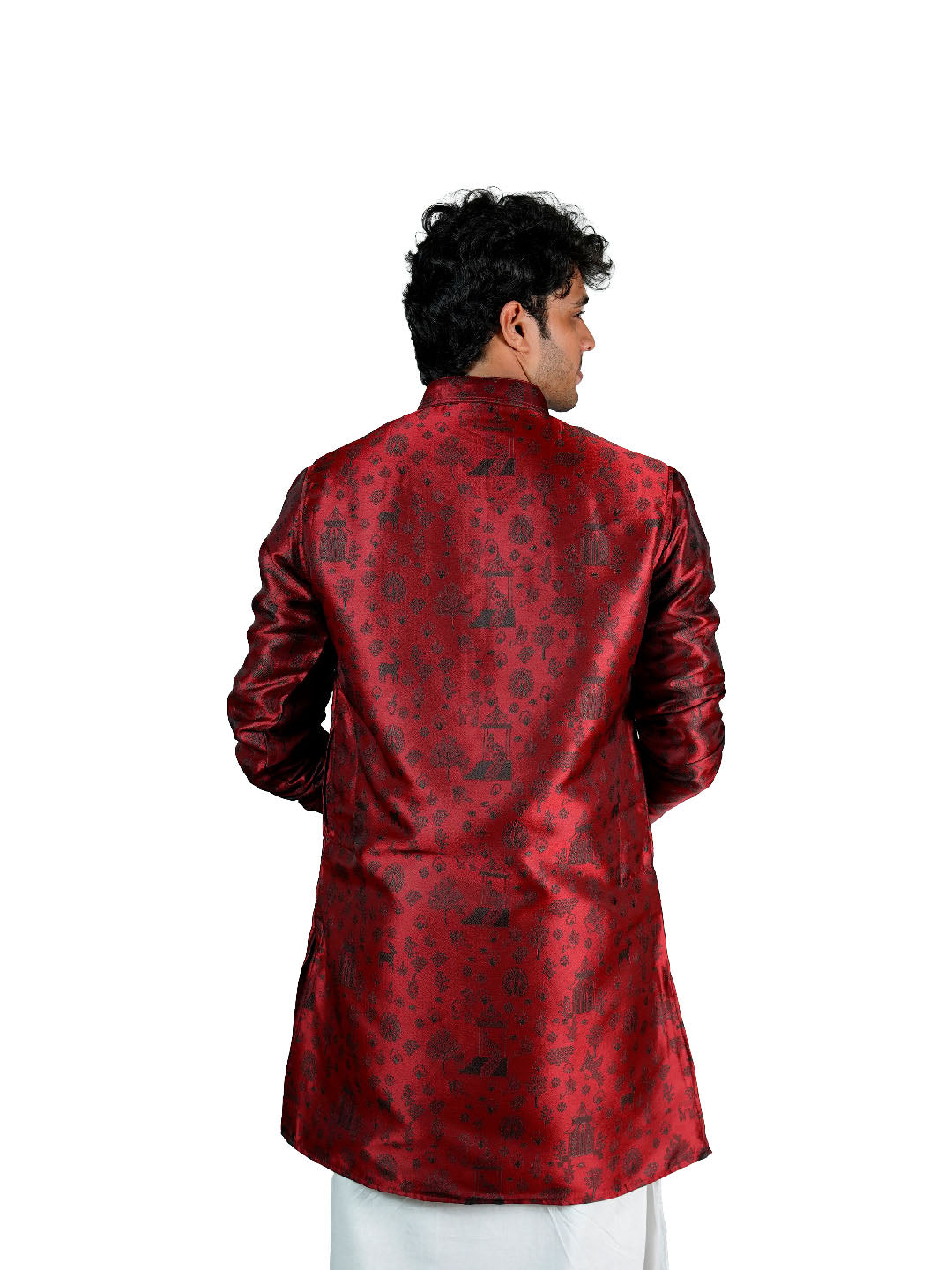 Maroon Scenic Narrative Jacquard Kurta for Men