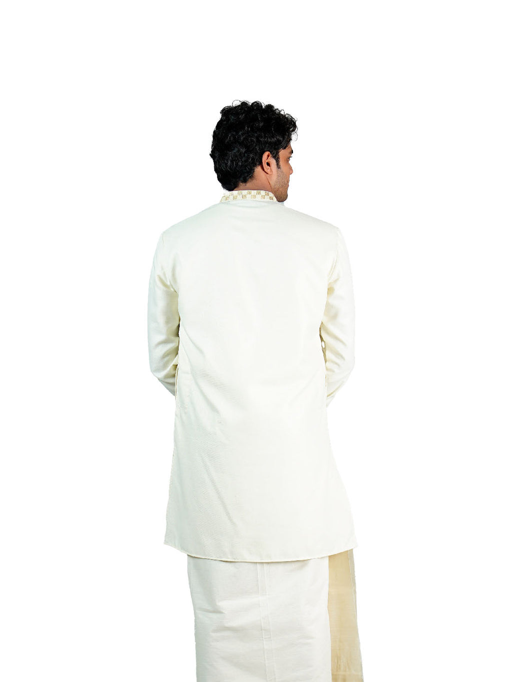 Cream Zari Embroidered Jacquard Kurta with Zari Collar Placket for Men