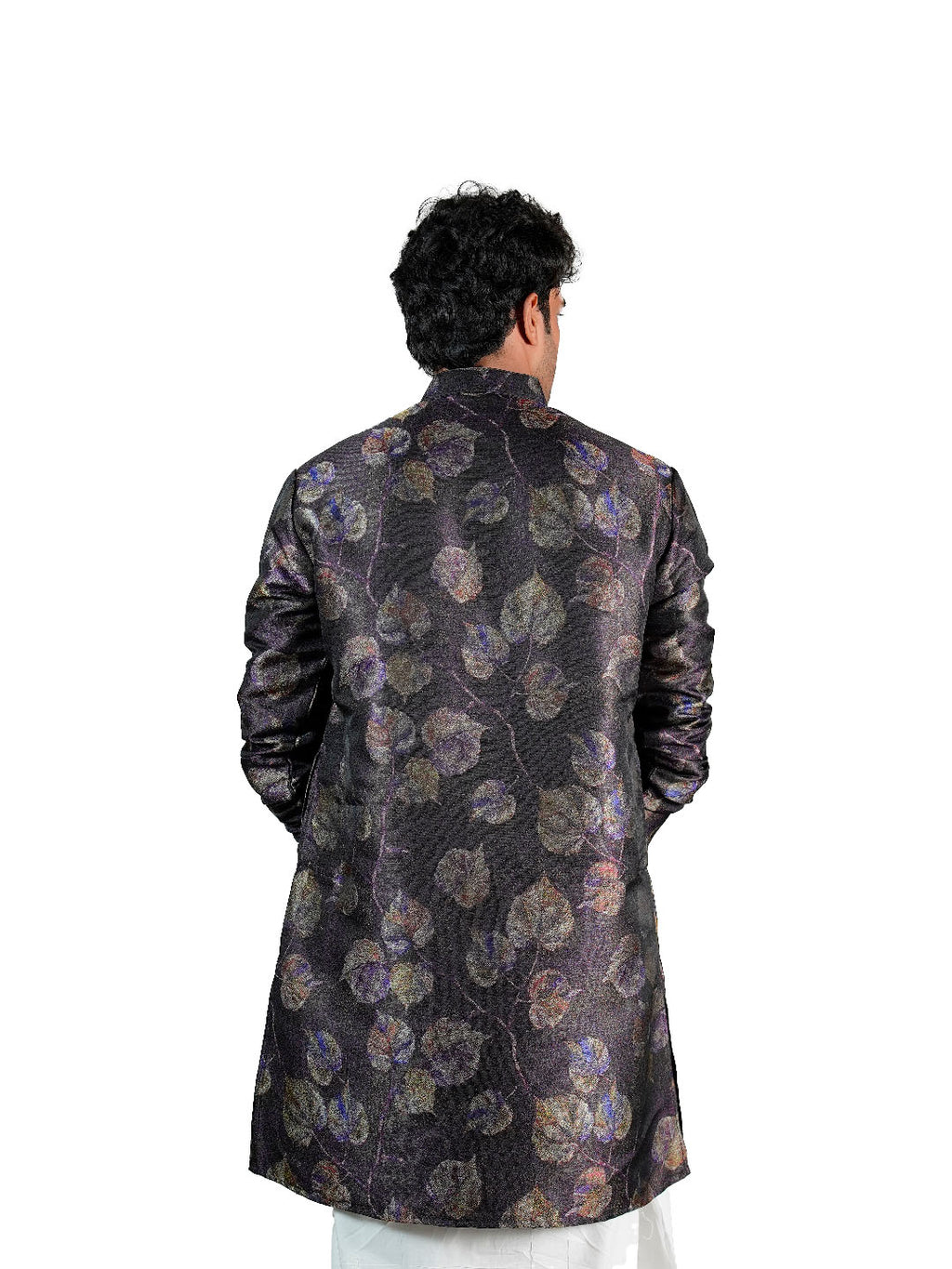 Charcoal Iridescent Leaf Jacquard Kurta for Men