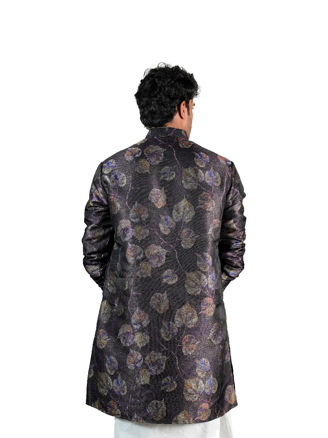Charcoal Iridescent Leaf Jacquard Kurta for Men