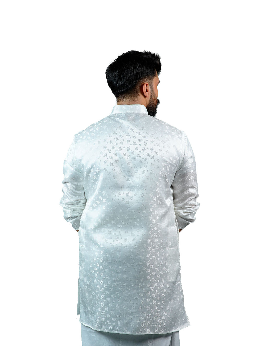 White Slim Fit Jacquard Floral Kurta for Men