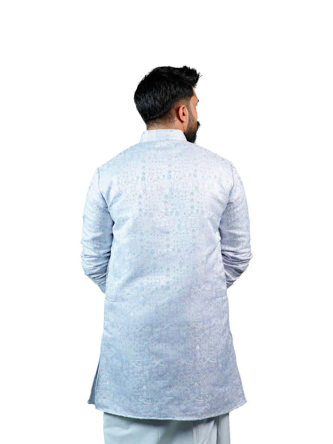 Ice Blue Floral Jacquard Kurta for Groom