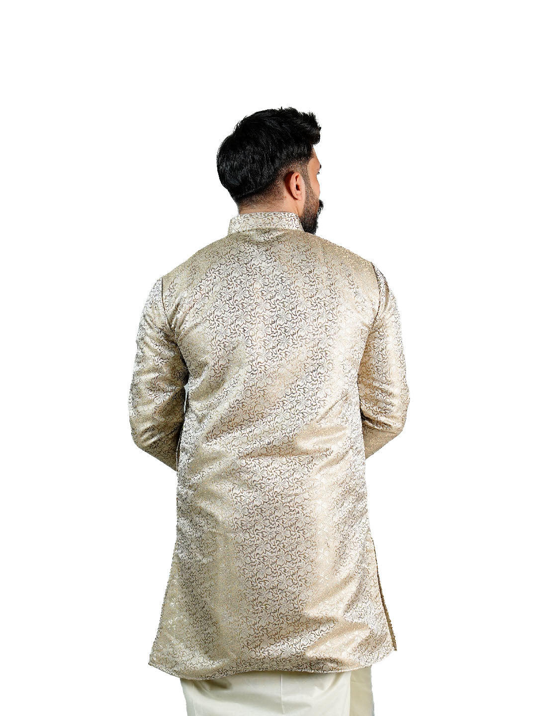 Golden Beige Floral Vine Jacquard Kurta for Groom