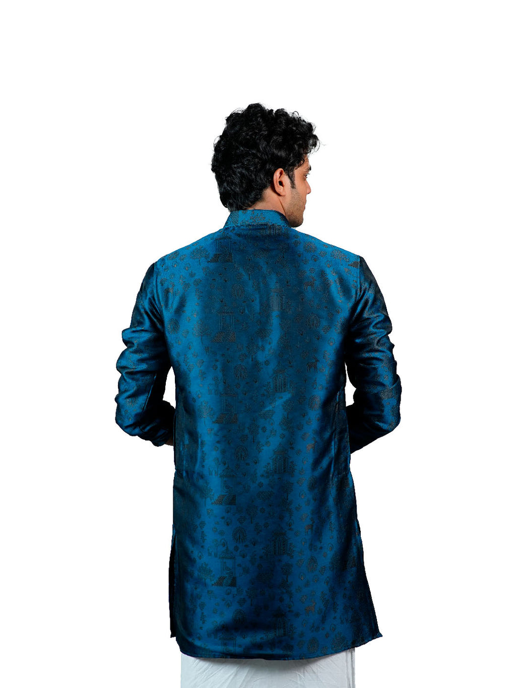 Steel Blue Scenic Narrative Jacquard Kurta for Men