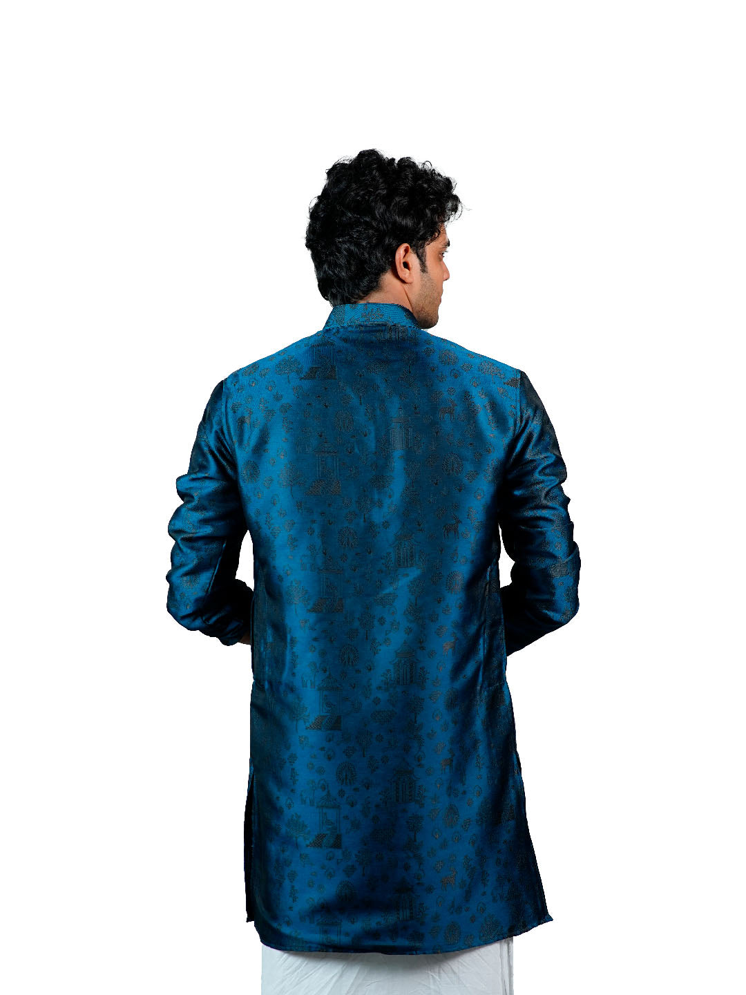 Steel Blue Scenic Narrative Jacquard Kurta for Men