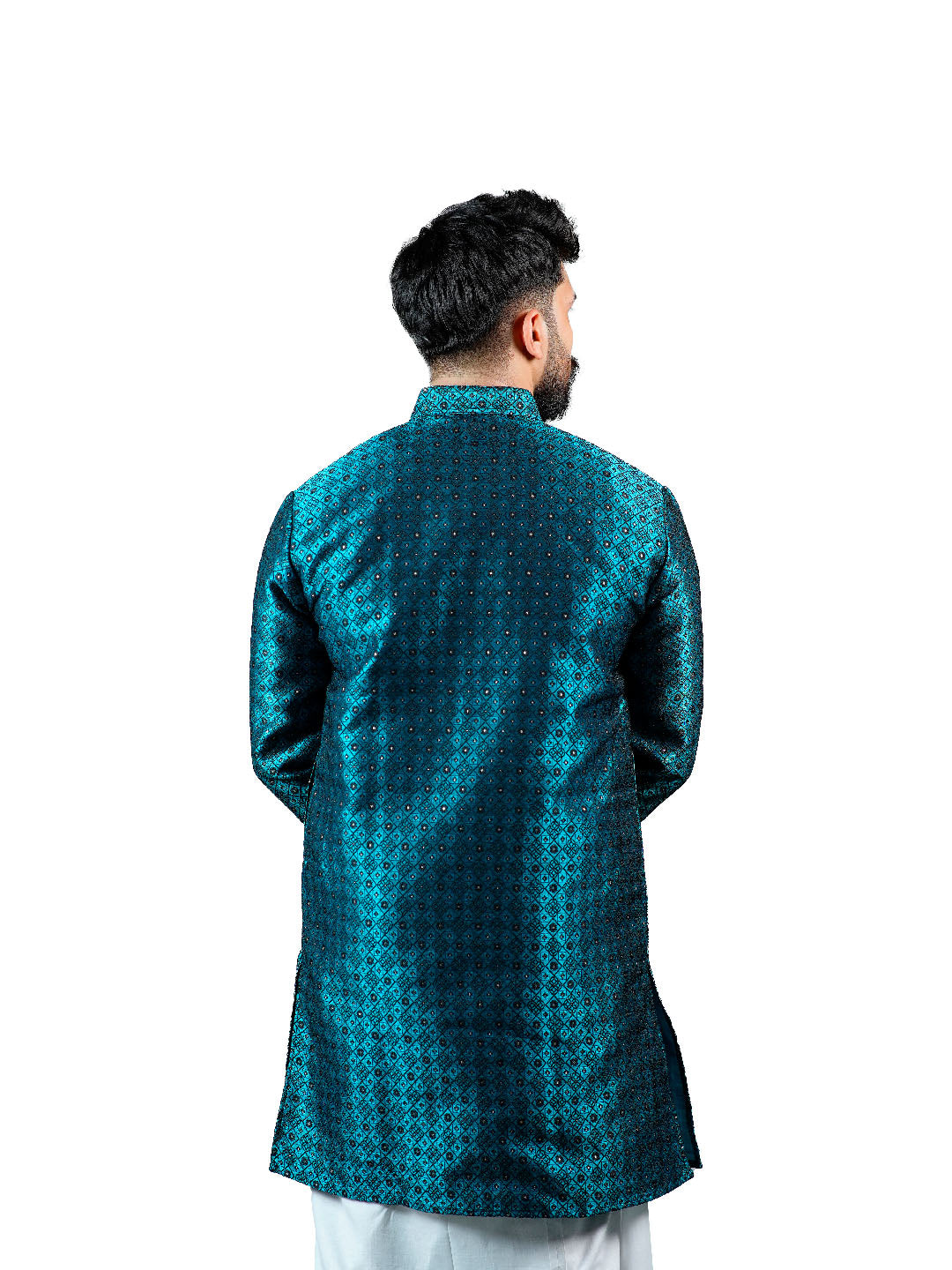 Teal Blue Diamond Grid Sequin Jacquard Kurta for Men