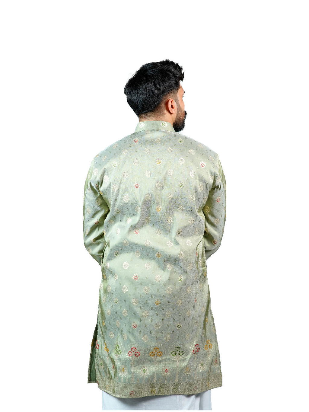Pista Green Buti Embroidered Jacquard Kurta for Men