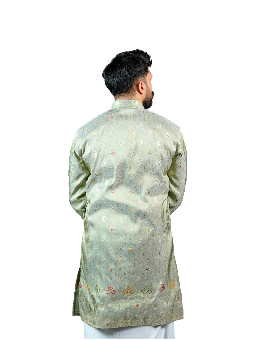 Pista Green Buti Embroidered Jacquard Kurta for Men