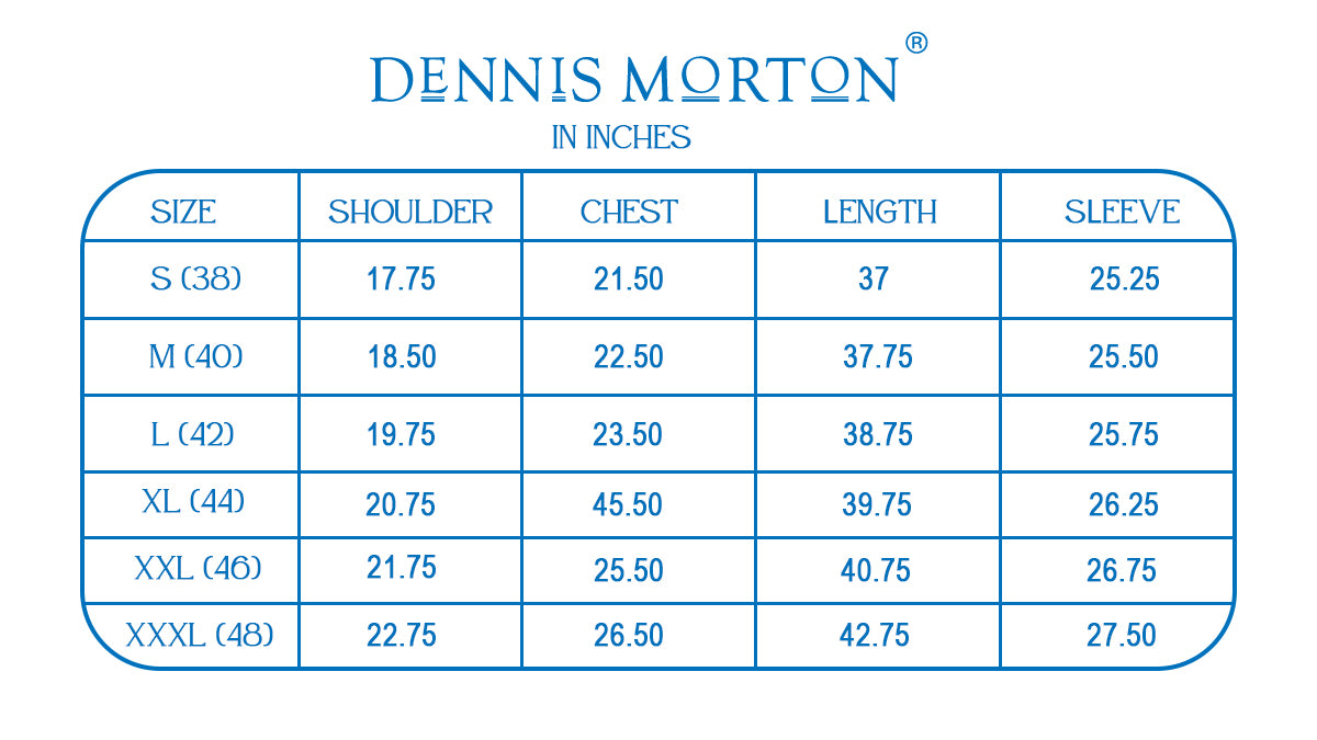Dennis Morton size chart for shirts in inches