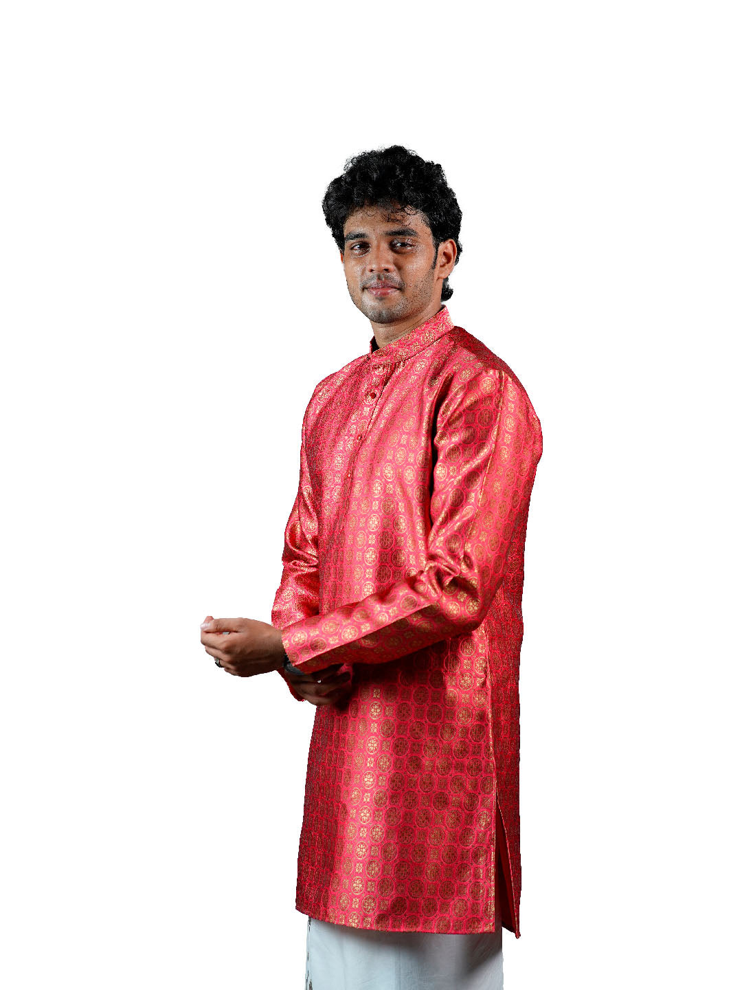 Coral Red Gold Medallion Jacquard Kurta for Men