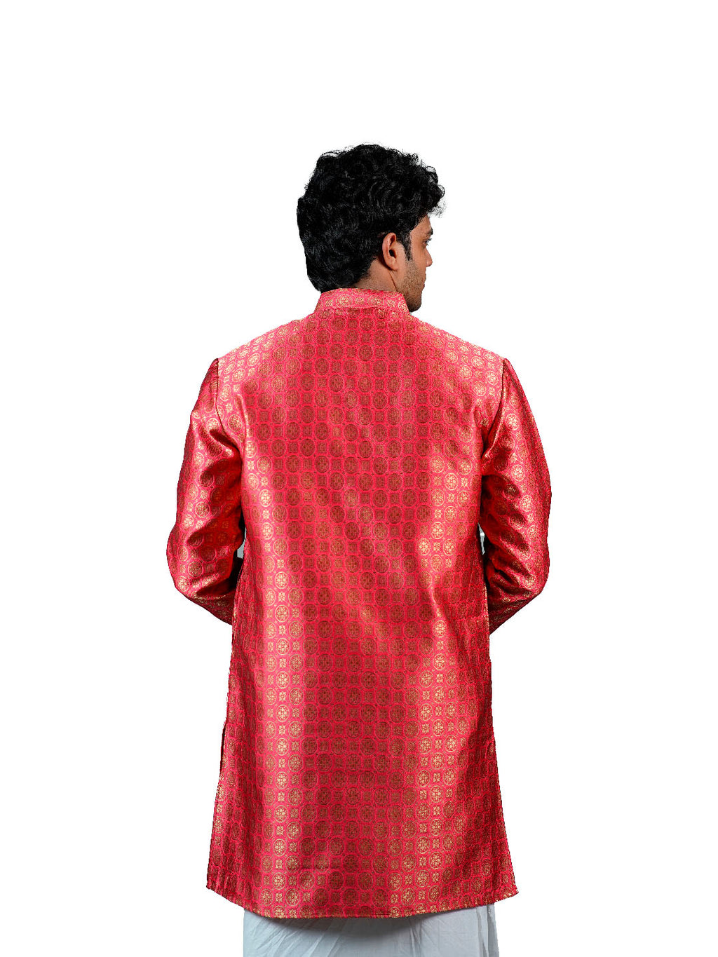 Coral Red Gold Medallion Jacquard Kurta for Men