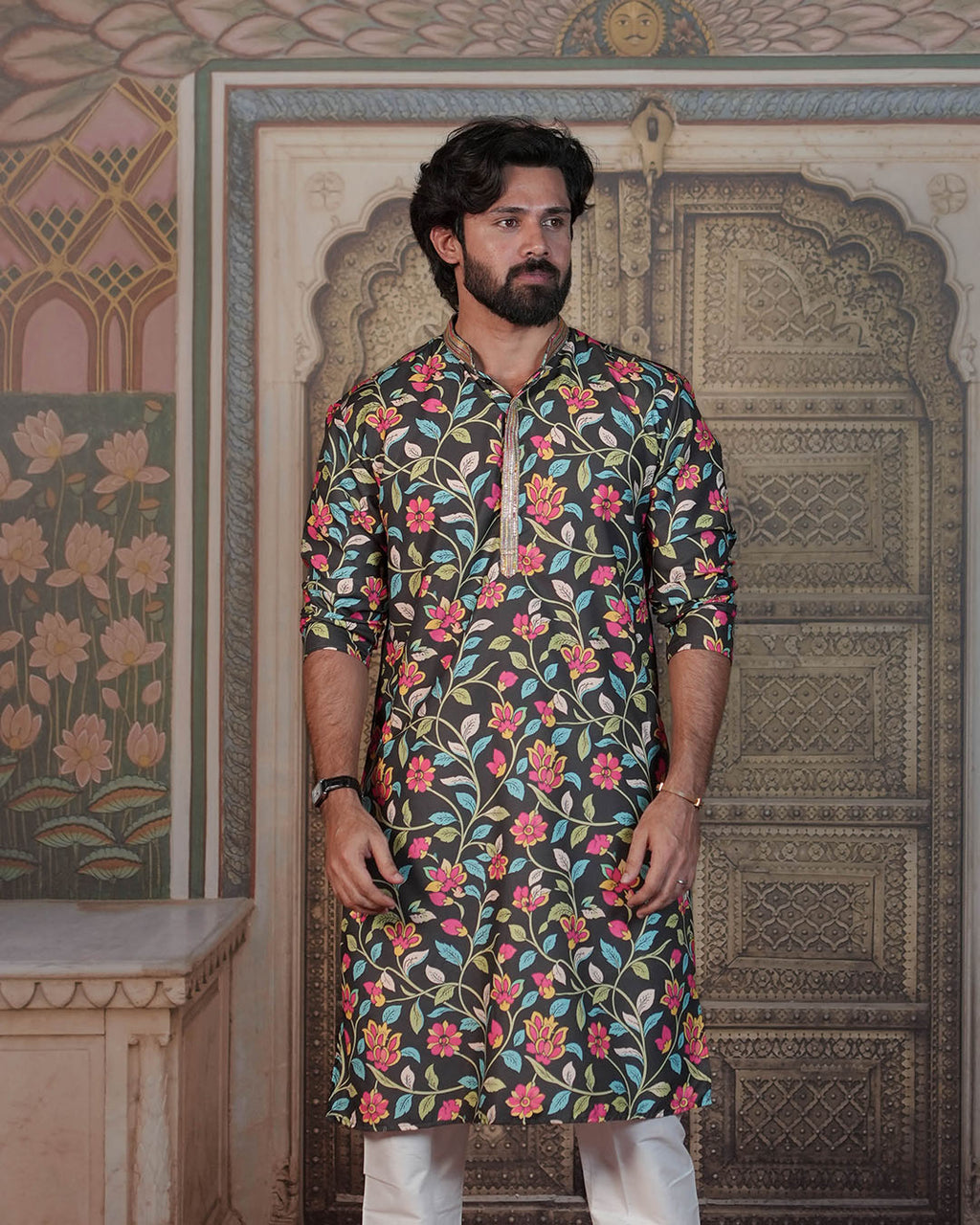 Black Multicolour Floral Kurta