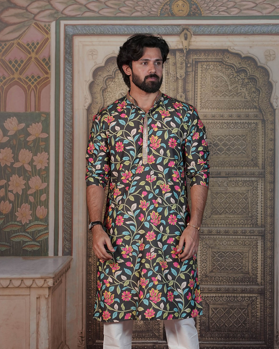 Black Multicolour Floral Kurta