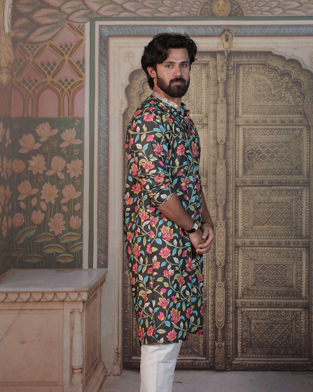 Black Multicolour Floral Kurta
