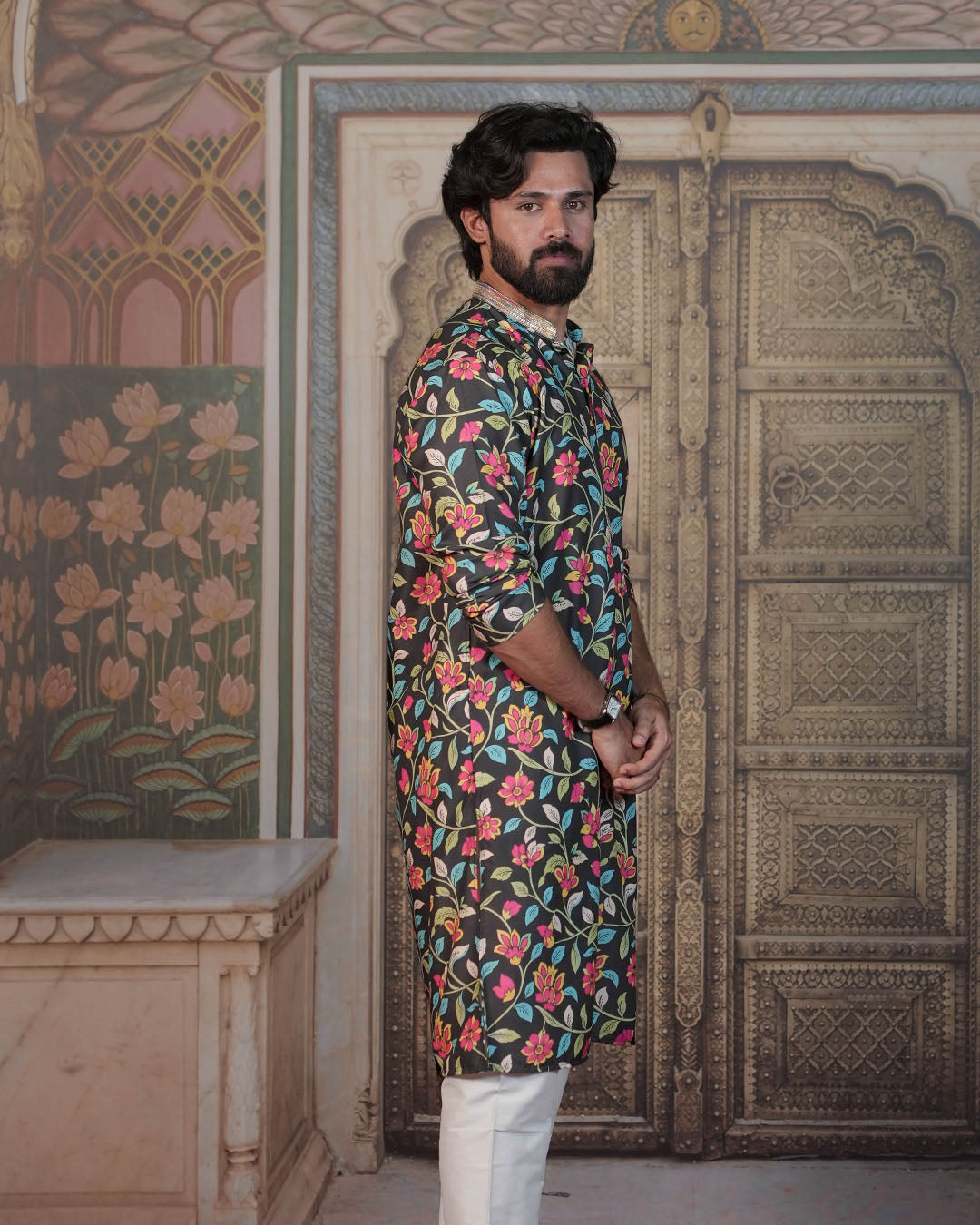 Black Multicolour Floral Kurta